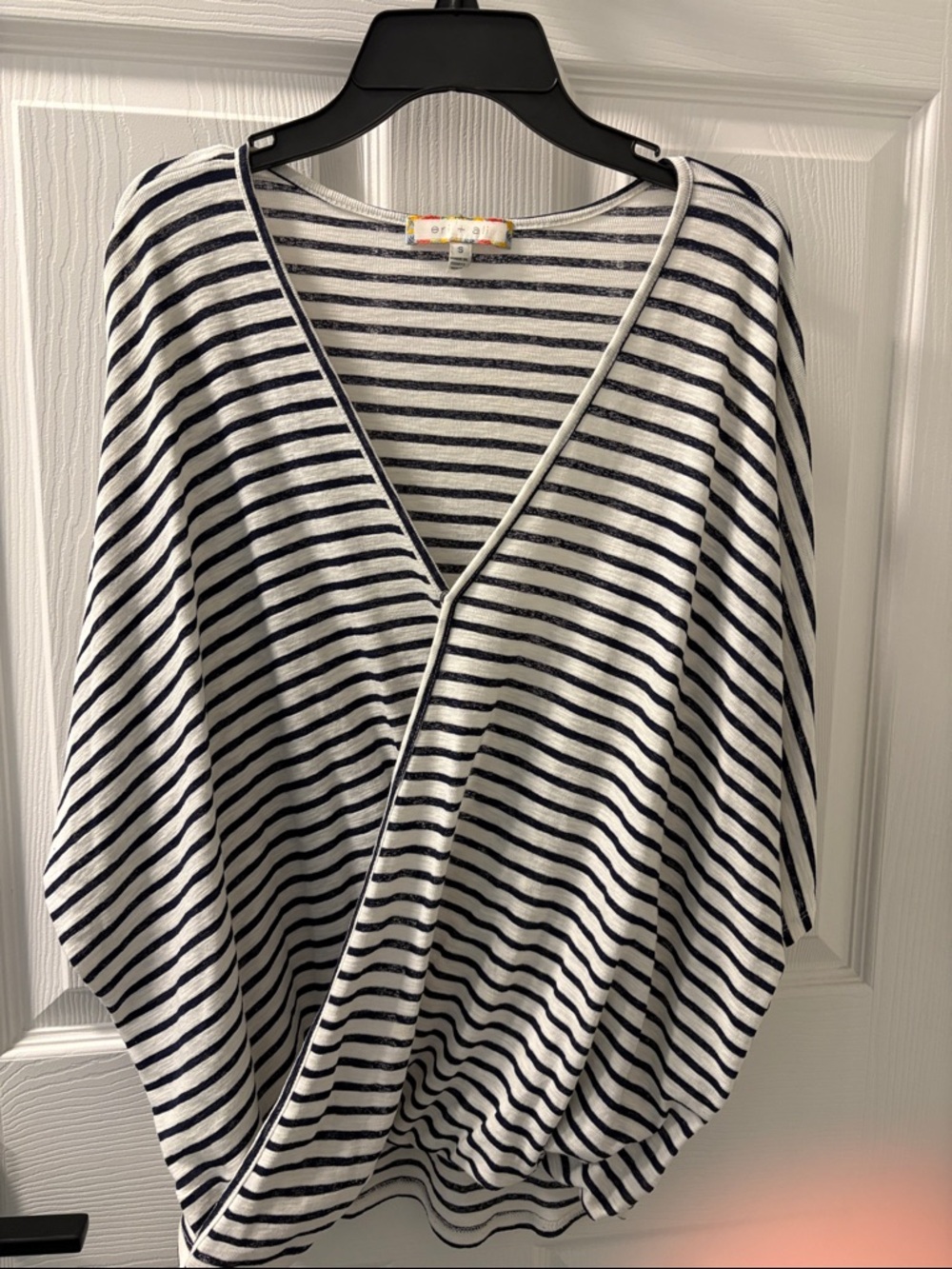 Striped Navy and White V-Neck Draped Women’s Blouse
